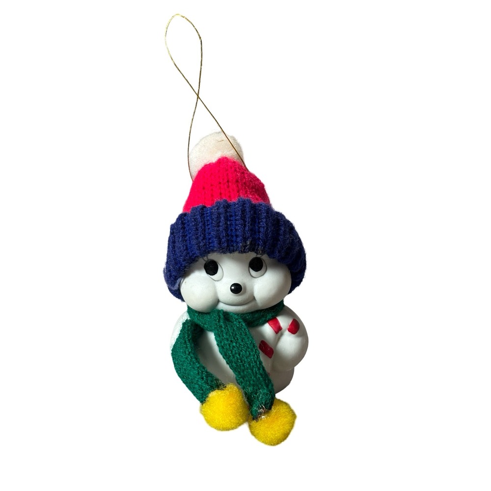 Vintage Giftco Inc Ceramic Snowman Bell Ornament Knit Hat Scarf White Small
